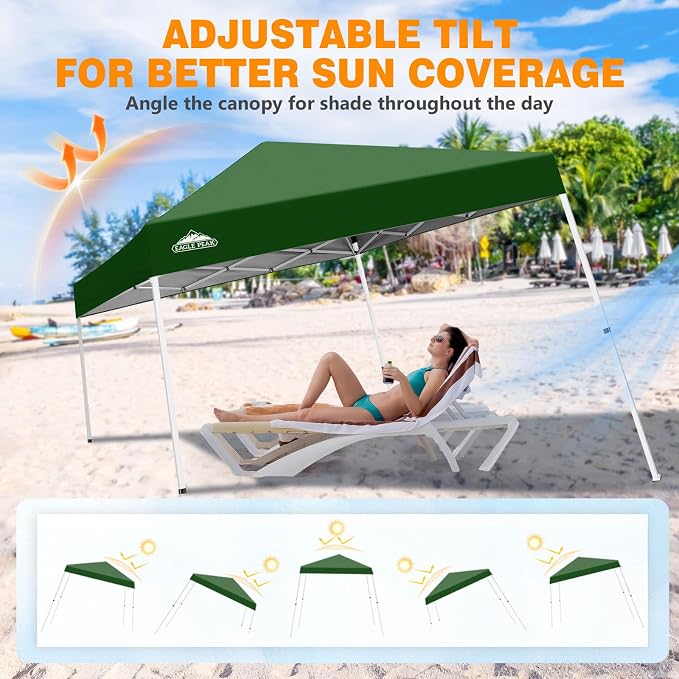EAGLE PEAK 10x10 Slant Leg Pop-up Canopy Tent Easy One Person Setup Instant Outdoor Beach Canopy Folding Portable Sports Shelter 10x10 Base 8x8 Top (Green)