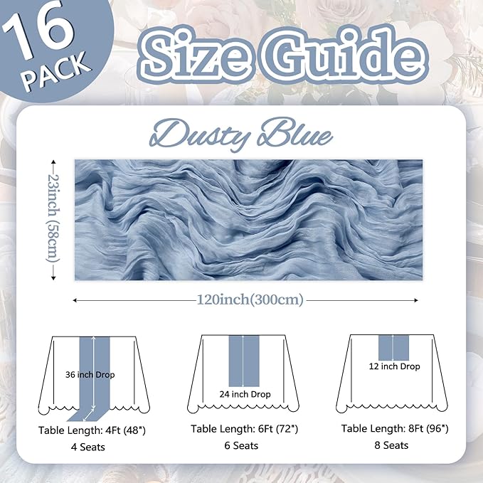 16 Pack Dusty Blue Cheesecloth Table Runner 10ft Boho Gauze Fabric 120 Inch Cheese Cloth Table Runner Rustic Sheer for Holiday Baby Shower Party Décor Home Wedding Decoration