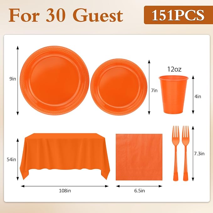Orange Plastic Plates for Party,30 Guest Disposable Orange Party Supplies Including Dinner&Dessert Plate,12oz Cups,Cutlery,Napkins & Tablecloth Dinnerware Decorations for Birthday Fall Parties Wedding