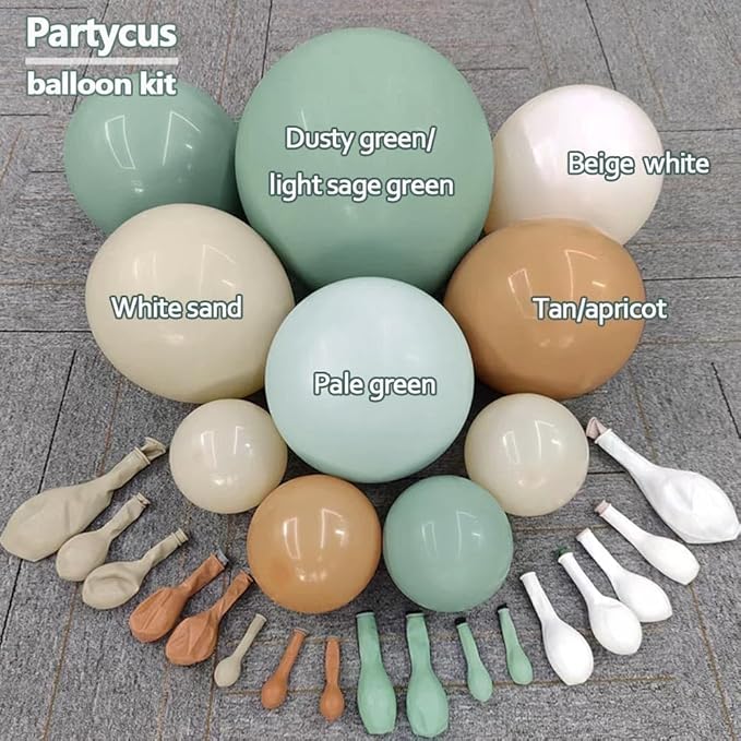 Dusty Green Tan Balloon Arch Kit Double Stuffed, Light Sage Green White Sand Brown Apricot Pastel Neutral Balloon Garland for Boho Baby Shower Birthday Wedding Woodland Wild One Gender Reveal Party