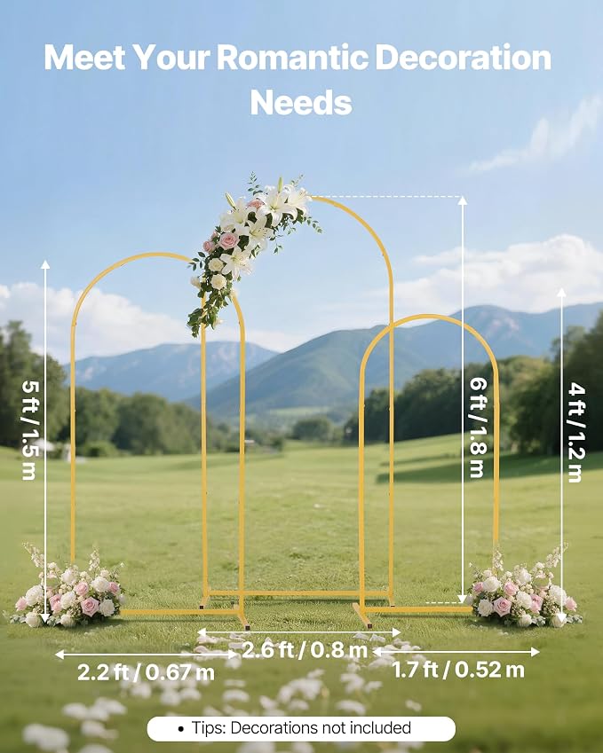 VEVOR Arch Backdrop Stand, Set of 3, 6/5/4 ft, Stable Structure, Easy Assembly, Gold Metal Arch Backdrop Stand for Wedding, Birthday Party, Graduation, Holiday Celebration, and Ceremony Decoration