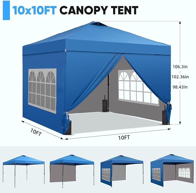 GDY 10x10 Pop Up Canopy Tent with 4 Sidewalls, Easy Set up with One Push Lift Outdoor Silver Coated Beach Gazebos, Carpas with 4 Sandbags, for Events, Parties, and Camping, Blue.