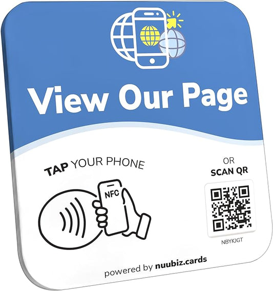 NFC Business QR Code Sign Plate for Viewing Your Landing Page – Drive Offline Engagement Online – Works Like Review Tap Card & Social Media Sign – No App or Fees – Includes Stand or Adhesive