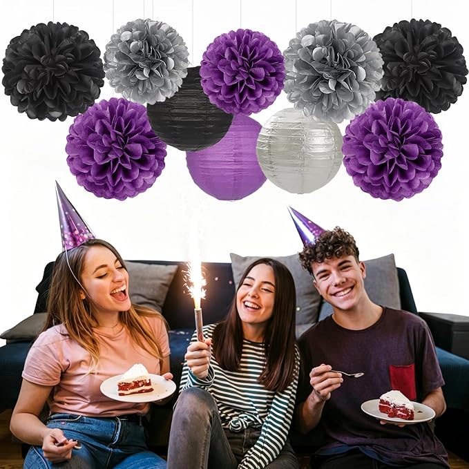 Purple-Black Silver Party-Decorations Paper-Flowers Lanterns - 15pc Lavender Birthday Graduation Tissue Pom Poms Streamers,Bachelorette Bridal Baby Shower Engagement Wedding Halloween Decor Panduola
