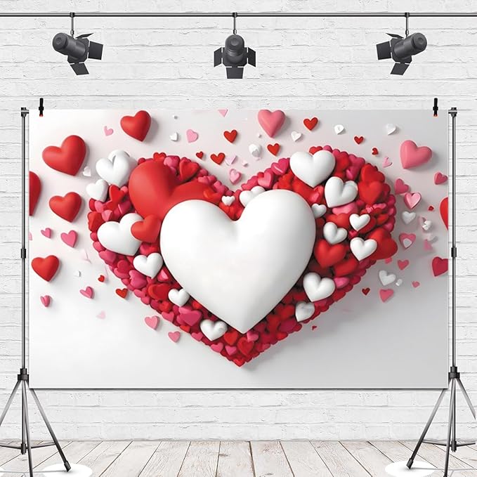 8x6ft Vinyl Red Heart Backdrop for Valentines Mother's Day Red and White Hearts Photo Background Holiday Party Decorations Engagement Bridal Backdrops