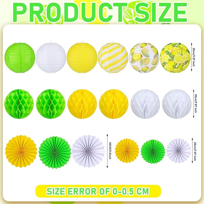 Retisee 18 Pcs Lemon Party Decorations Kit Yellow Paper Lanterns Hanging Decoration Paper Fans Hanging Honeycomb Ball for Lemon Theme Party Supplies Wedding Baby Shower Decor