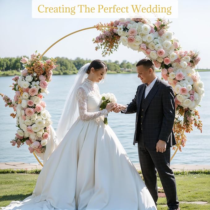 Liacere Wokceer Wedding Arch 7*8FT Round Backdrop Stand Gold Metal Circle Backdrop Stand Circle Balloon Arch Stand Frame for Birthday Party Bridal Shower Anniversary Ceremony Candy Tables Celebration