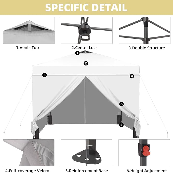 GDY 12x12ft Pop Up Canopy Tent with 4 Sidewalls, with Center Lock, 3-Level Height Adjustment, Wheeled Bag, for Gardens, Poolside, or Patio Lounge Spaces, White