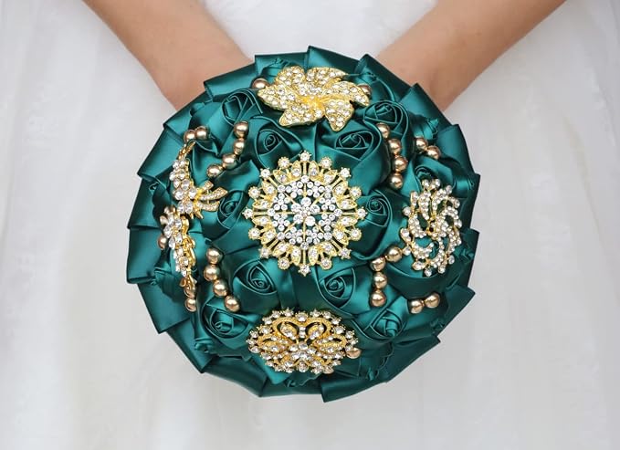 Emerald Green Bridal Wedding Bouquet Luxury Gold Rhinestone Brooch Bouquet for Bride Bridesmaid Quinceanera Satin Rose Artificial Flower Bouquet Wedding Emerald Green 7.1in