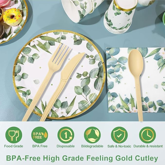 350 Pcs Sage Green Party Plates and Cups Sets,Disposable Paper Plates Cups Napkins Party Supplies,Eucalyptus Plates Dinnerware for Boho Bridal Shower/Baby Shower Theme,Serves 50