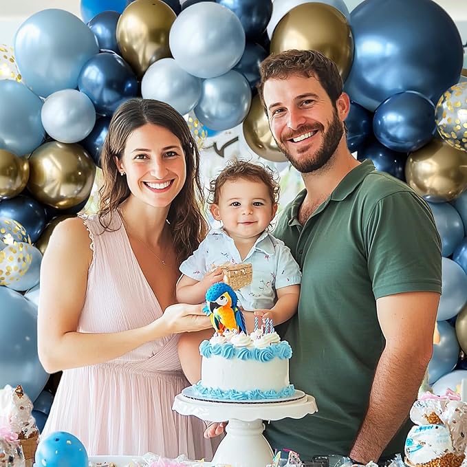 Blue and Gold Balloons Arch Kit - 119 PCs Double Stuffed Pastel Blue Balloons Dusty Navy Light Metallic Blue Gold Confetti Balloons for Bridal Shower Wedding Birthday Party Decorations
