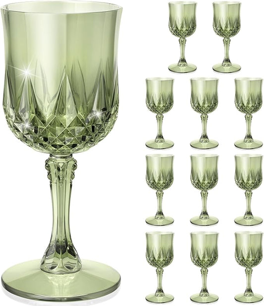Plastic Wine Glasses, Disposable Plastic Goblets 7.1oz for Wedding Party Holiday, Unbreakable Wine Cups with Stem Vintage for Champagne, Juice, Cocktail (12pcs Green)