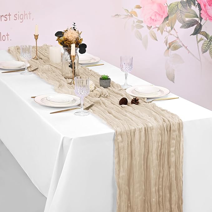 16 Pack Beige Cheesecloth Table Runner 120 Inch 10FT Spring Boho Rustic Sheer Gauze Cheese Cloth Table Runner for Wedding Baby Shower Birthday Party Table Decor