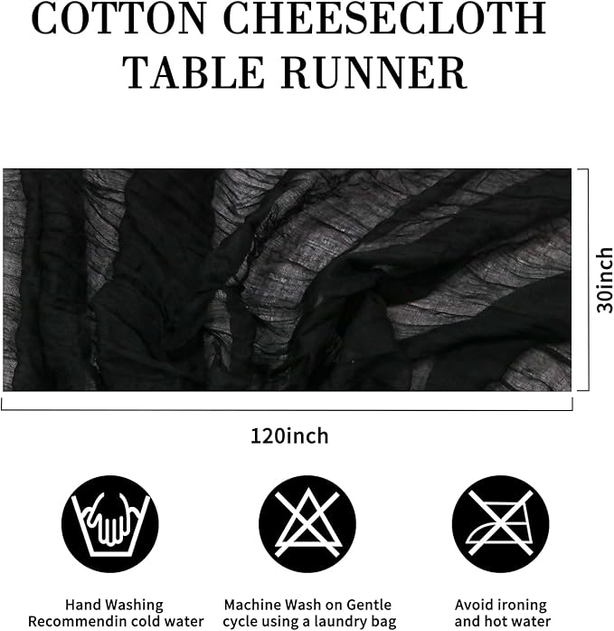 120 inch Black Cheesecloth Table Runners - 10Ft Long Cotton Gauze Holloween Table Runner Black Cheese Cloth Table Decor for Holloween Parties Decoration- Dark Table Runner