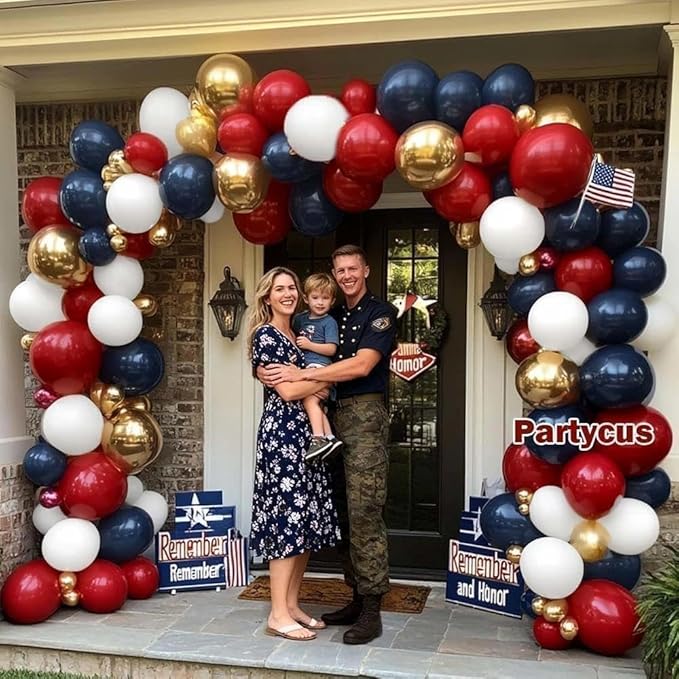 Red White Blue Balloon Arch Double Stuffed, Navy Blue Dark Ruby Red Balloon Garland Kit with Latex Gold for Birthday 4th Of July Patriot Graduation Independence Day Veterans Day Party Decoration