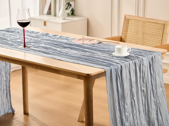 Dusty Blue Spring Table Runner Boho Cheesecloth Table Runner 120 inches Crinkled Gauze Sheer Mother's Day Table Centerpieces for Wedding Ceremony Anniversary Bridal Baby Shower Banquet