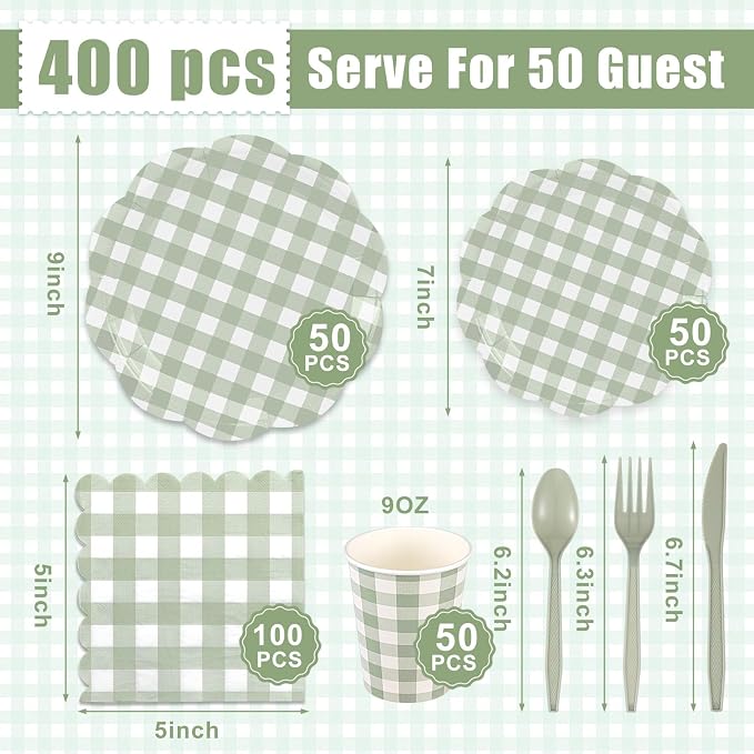Funnymoom 400 Pcs Gingham Party Supplies for 50 Guests Green and White Paper Plates and Napkins Knives Spoons Forks Cups Disposable Checkered Dinner Party Set Cutlery for Baby Shower Wedding Favor