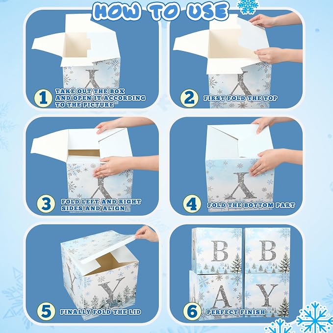 AmazingSpark 4 Pcs Winter Snowflake Blue Baby Shower Decoration Boxes with Letters Winter glitter Snowflake Wonderland Box Block Baby Shower Backdrop Centerpiece for Party