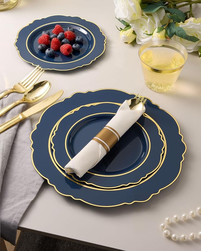 realluck 350 Piece Navy Blue Plastic Dinnerware Set for 50 Guests Elegant Disposable Dinnerware for Weddings, Parties, 100 Plastic Plates, 50 Pre Rolled Napkins with Silverware, 50 Cups