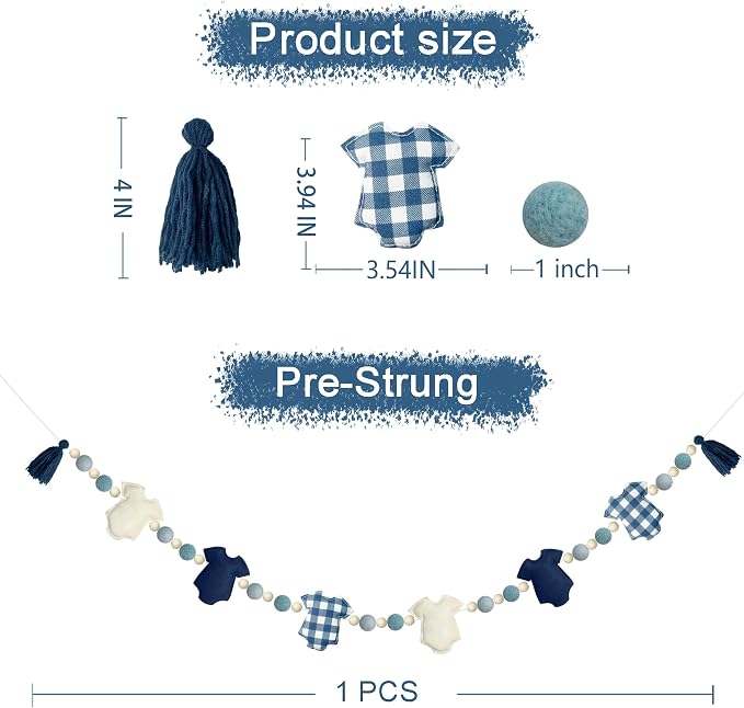Dusty Blue Plaid Baby Clothes Decorations Pre-Strung Handmade Felt Baby Clothes Wooden Bead Wool Felt Ball Banner Garland for Sweet Baby Boy It's a Boy Baby Shower Party Nursery Fireplace Home Decor