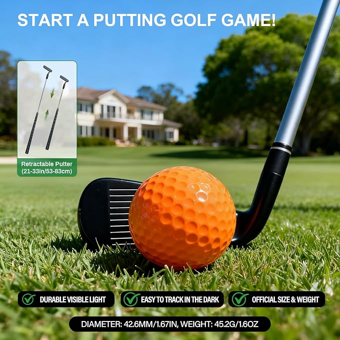 TERRAMUS Light Up Golf Play Set - Upgraded Kids Toy Golf Putting Game Set with 6 LED Targets, 2 Clubs, 6 Balls (2 Glow), Night Golf Toys Gifts for Kids Golfers Family Indoor Outdoor Beach Lawn Park