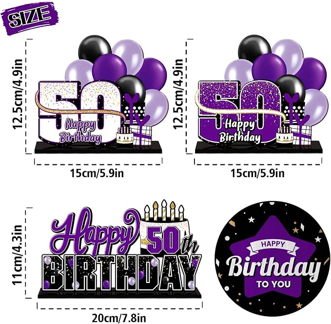 LINGTEER Happy 50th Birthday Purple Acrylic Table Topper Centerpieces Set - Cheers to Fifty Years Old Birthday 50th Bday Party Gift Decorations.