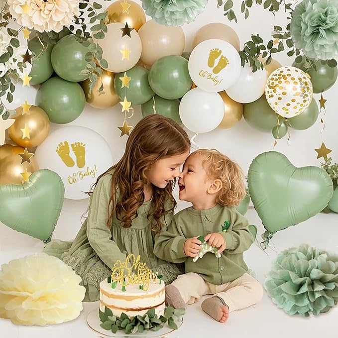 Baby Shower Decorations - Sage Green Balloons Welcome Baby Banner, Cake Topper, Paper PomPoms, Tassels, Star Banner Decor for Baby Shower Decorations Neutral Gender Reveal Party Supplies