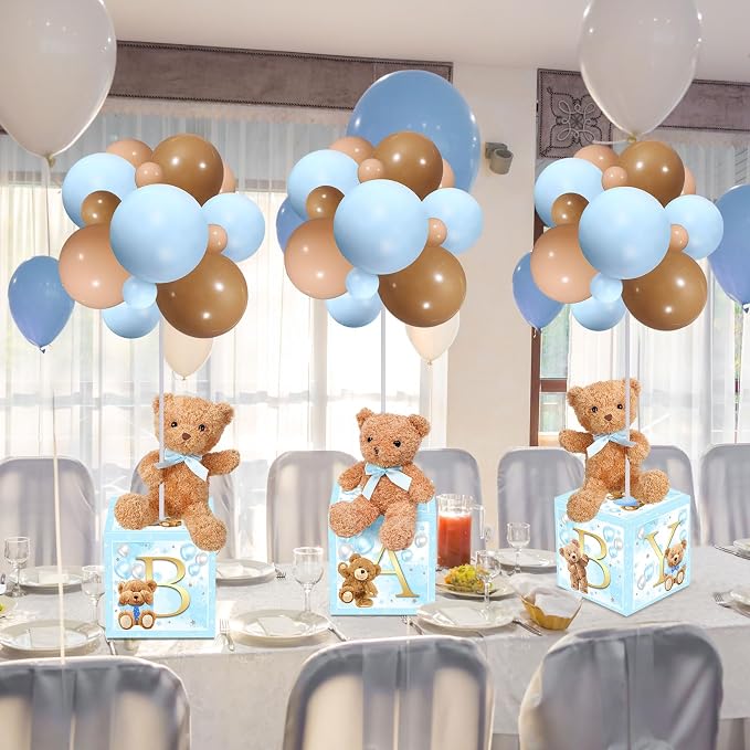 Lenwen 3 Sets Jungle Animal Decoration for Baby Shower Letter Boxes Baby Shower Table Centerpiece Stuffed Animals Balloon with Stand Plush Boxes for Party(Blue,Bear)