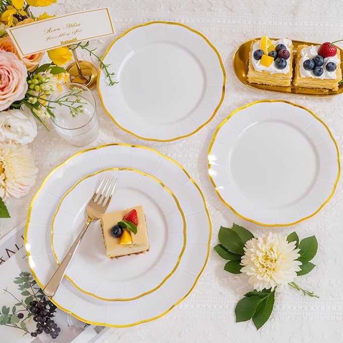 ejonirinjonir EI 150pcs White Plastic Plates with Gold Plastic Silverware,Disposable Plate Heavy Duty,White Dinnerware Set,Elegant Plates for Party,Wedding,Afternoon Tea,Spring,Valentine's Day