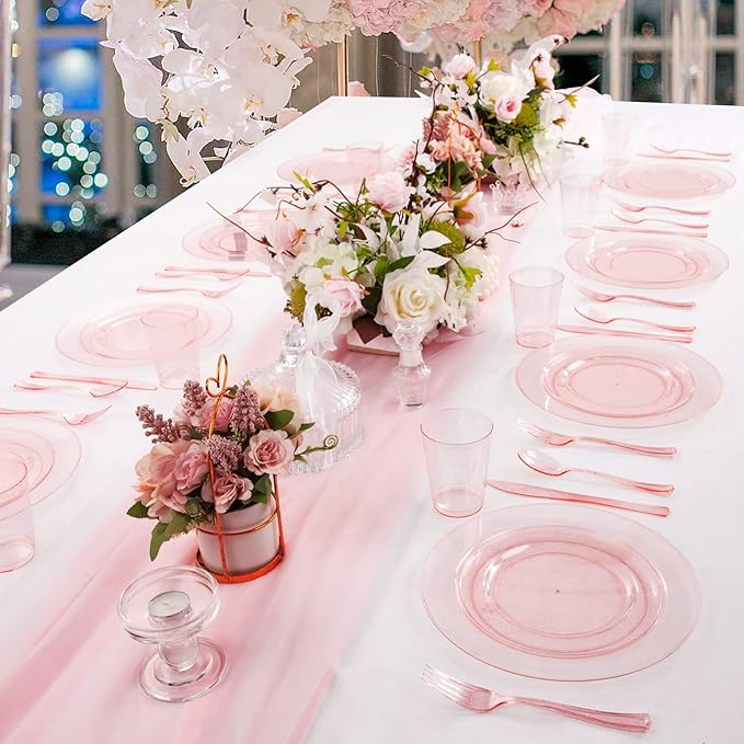 DaYammi 150PCS Pink Plastic Plates,Mother's Day Disposable Pink Dinnerware Set Clear pink Party plates with Silver Glitter Design Include 25 Dinner plates,25 Cake Plate,75 Cutlery,25 Cup for Party