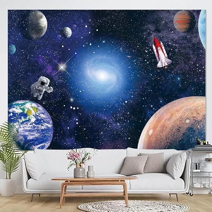 CGXINS Polyester 9x6ft Outer Space Astronaut Themed Baby Kids Childern Birthday Party Photography Backdrop Baby Shower Universe Galaxy Stars Newborn Photo Background Outer Space Blue Party Backdrop