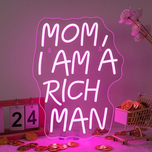 Lucunstar Mom I Am A Rich Man Neon Sign Pink Neon Signs for Wall Decor Pink LED Light for Bedroom Decor USB Connectivity Led Neon Signs for Home Boys Room Man Cave Gifts for Teens