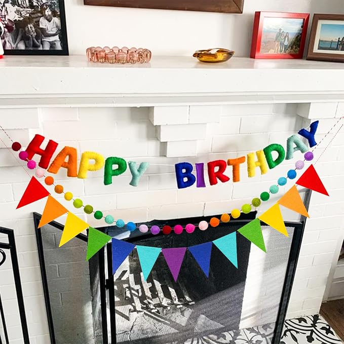 3 Pcs Pre-Strung Happy Birthday Banner, Felt Ball Garland, Pennant Triangle Flags, Rainbow Party Decorations, HAPPY BIRTHDAY Garland, Personalized Holiday Sign for Birthday Decor, Party Supplies, Photo Prop ( Felt Banner + Pennant Flags + Rainbow Balls)