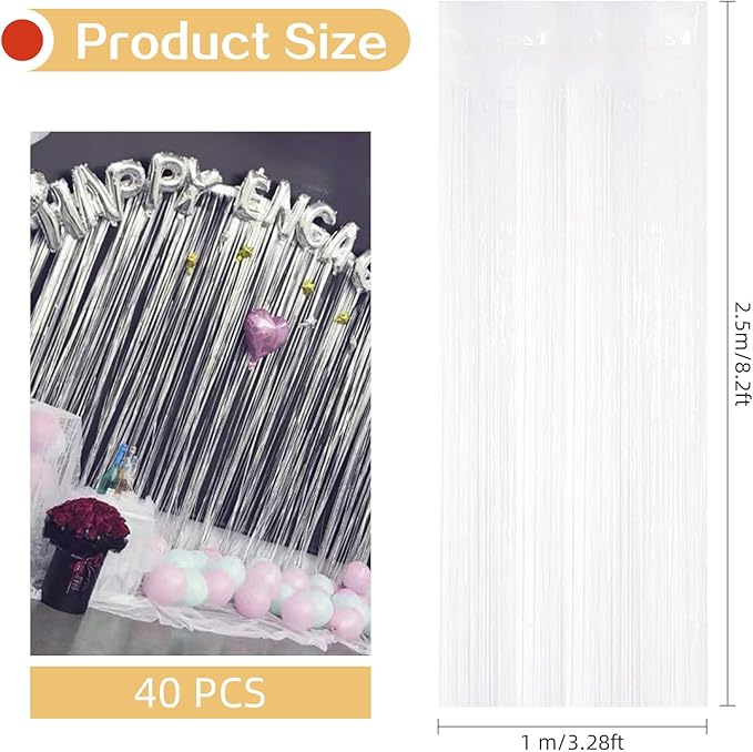 40 Pack White Foil Curtain Backdrop Metallic Tinsel Foil Fringe Curtains Photo Booth Props for Birthday Party Decoration Christmas Holiday Halloween New Year Party Supply, White