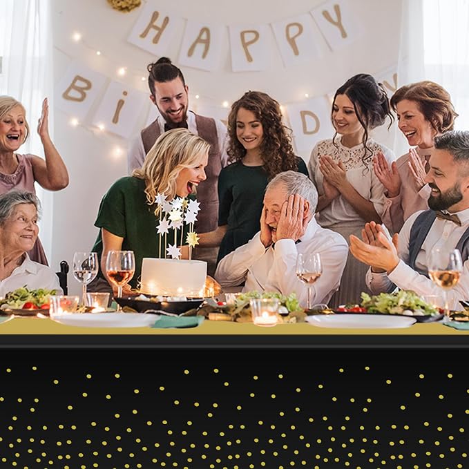 24 Pack Black and Gold Tablecloth and Table Runner Set Party Decorations, Black and Gold Plastic Disposable Tablecloth and Satin Table Runner for Wedding Birthday Bridal Graduation Anniversary Party