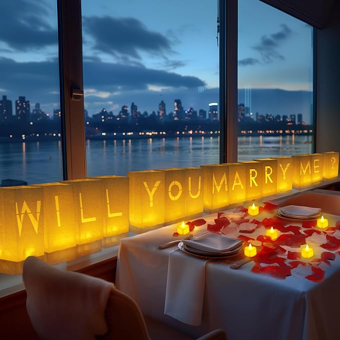 Homemory Will You Marry Me Light Up Letters Proposal Decorations with Flameless Candles and 2000 Fake Rose Petals, Valentine's Day Luminary Bags Decorations for Wedding Engagement
