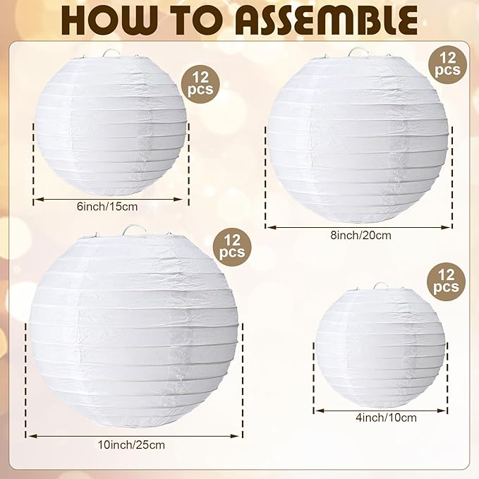 Treela 48 Pcs Paper Lanterns Party Decorations Chinese Round Paper Decor 4/6/8/10 Inch Asian Hanging Lamps Decorative for Graduate Wedding Birthday Party Bridal Parties Supplies(White)