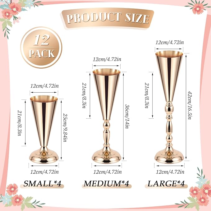 Boao 12 Pcs Gold Vase Flower Wedding Centerpieces for Tables, 16.5'' 14'' 10'' Metal Trumpet Vases for Centerpieces Table Decorations for Wedding Anniversary Ceremony Party Birthday Reception Decor