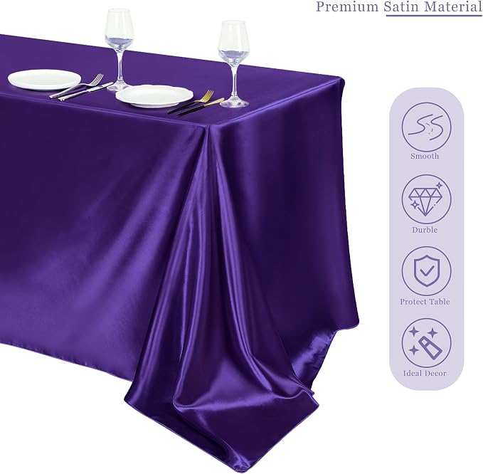 TURSTIN 1 Pack Dark Purple Satin Tablecloth 102 x 58 Inch Overlay Satin Table Cover Rectangle Bright Silk Tablecloth Smooth Fabric Table Decoration for Wedding Banquet Party Events