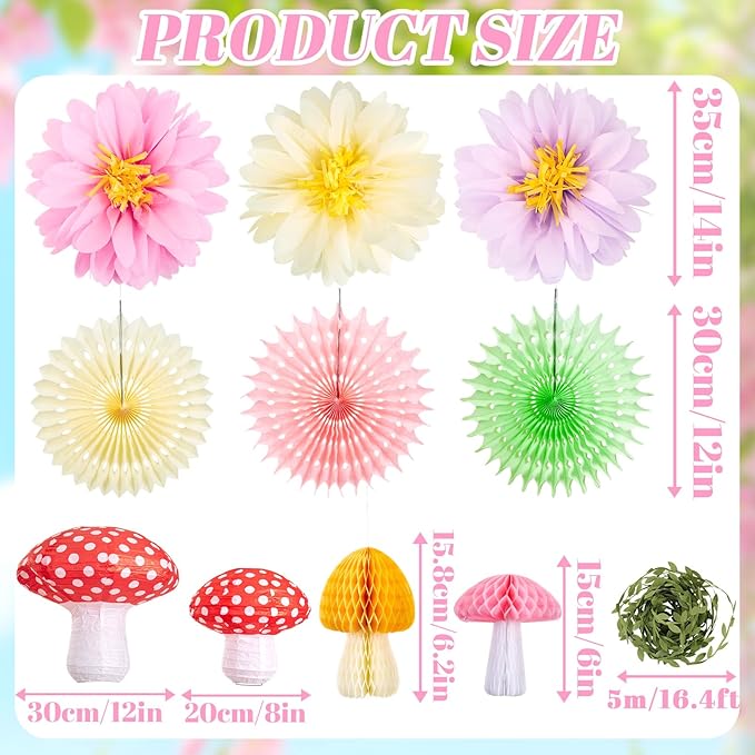 17PCS Fairy Birthday Party Decorations Set Fairy Themed Red Green Purple Pink Paper Mushroom Lantern Decor for Girls Birthday Decor Spring Tea Party Baby Shower