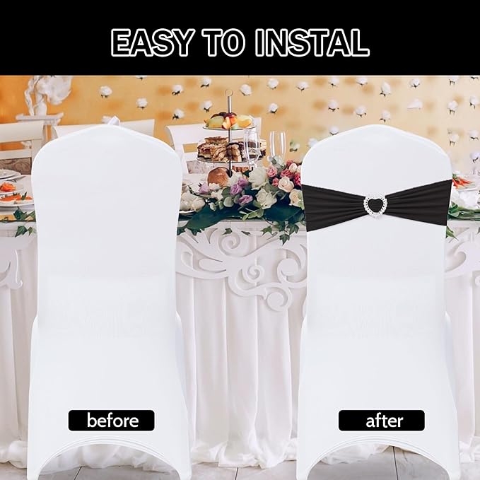 Howhic Pack of 120 Spandex Chair Sashes Bows Stretch Chair Cover Band with Buckle Slider Universal Elastic Chair Ties for Wedding Banquet Party Event Decoration (Black)