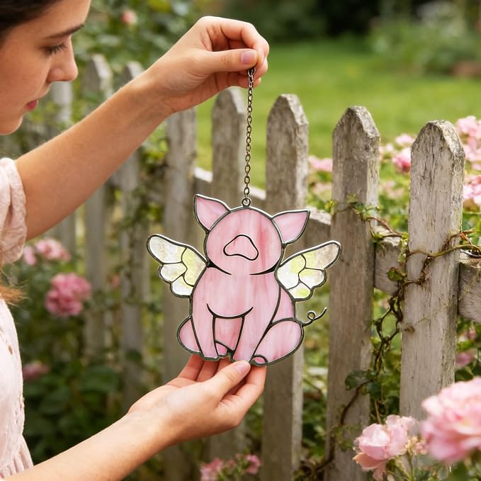 Flying Pig Suncatcher, Stained Glass Window Hanging Decor, Handmade Gift for Pig Lovers Women Mom - Funny Animal Party & Nursery Decoration