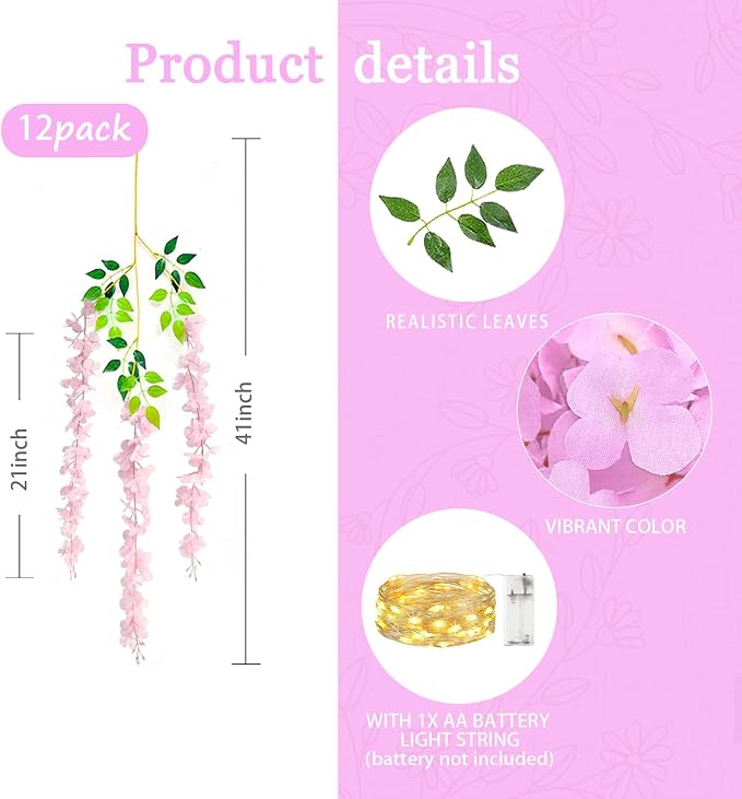 12 Pack Pink Wisteria Hanging Flowers Garland with Lights, 3.44 Feet Artificial Flower Vines, Fake Wisteria, Artificial Vines Hanging Garland for Backdrop Outdoor Patio Garden Decor