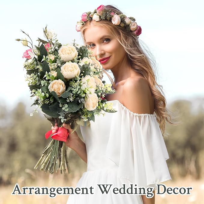 Janinka Mixed Eucalyptus Leaves Stems Bulk with White Seeds Artificial Silver Dollar Leaves Sprays Faux Oval for Wreath Garland Floral Bouquets Arrangement Wedding Greenery Decoration(170)