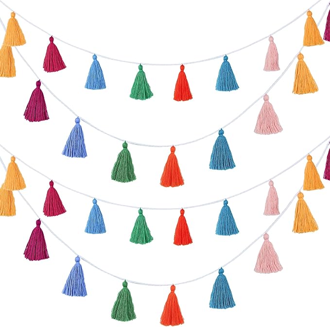 WILLBOND 4 Pcs Rainbow Tassel Garland Party Decorations, Colorful Boho Wall Hanging Banner for Classroom Decor, Back to School Birthday Wedding Baby Shower Nursery Home(Multicolor,3.15 Inch)