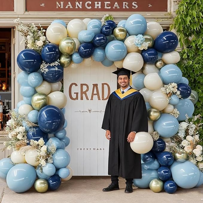 Navy Blue Balloon Garland Double Stuffed Dusty Blue Gold White Sand Balloons Beige Cream Metallic Latex Arch Kit for Neutral Baby Shower Birthday Gender Reveal Father's Day Graduation Party Decoration