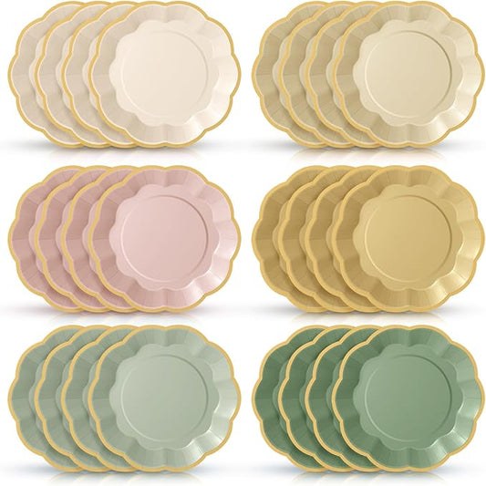 72 Pcs Pink and Green Paper Plates 9 Inch Sage Pink Beige Yellow Gradient Scalloped Paper Disposable Dinner Dessert Plates for Jungle Safari Birthday Wedding Bridal Party Supplies, 6 Colors