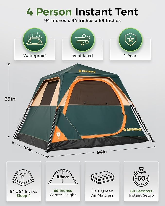 4 Person Instant Tent, Camping Tent Setup in 60 Seconds, Waterproof Pop Up Tents for Camping with Top Rainfly, Instant Cabin Tents with Portable Carry Bag for Family Camp & Hiking, Green + Brown