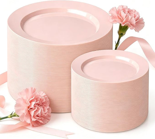 FLOWERCAT 200PCS Pink Plastic Plates Disposable Plates for Party - Heavy Duty Plastic Plates - 100 10" Pink Dinner Plates and 100 7" Pink Salad Plates for Weddings,Parties,Mother's Day