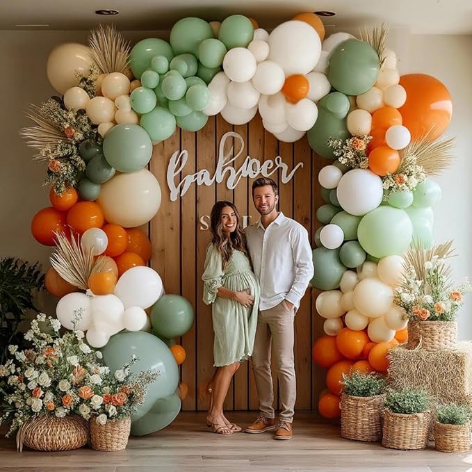 Dusty Green Orange White Balloon Garland, Double Stuffed Burnt Orange Sage Green Ivory Yellow Balloons Arch Kit for Baby Shower Gender Reveal Birthday Safari Jungle Party Decorations